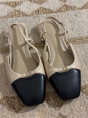 Sam Edelman Beige and Black Two-Tone Slingback Flats with Square Toe